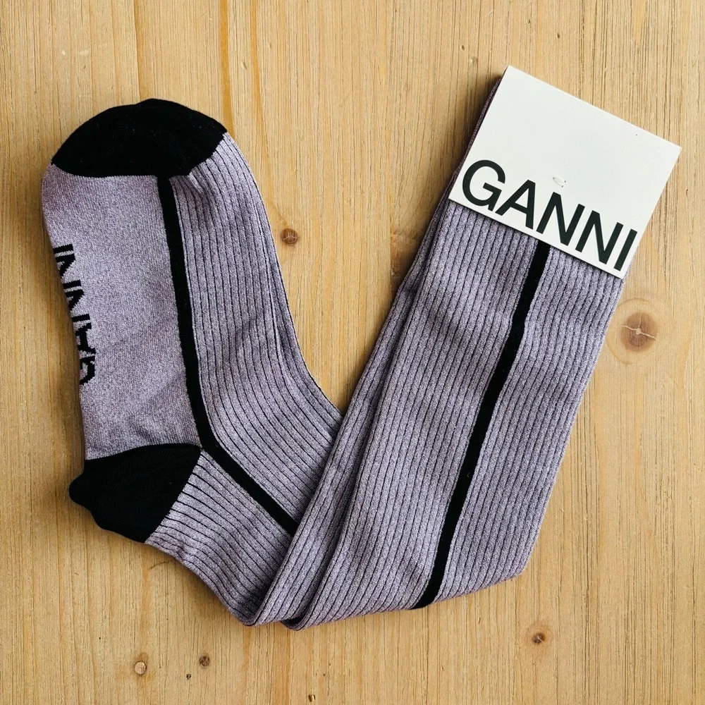 Ganni Women’s Purple Shimmery Black Striped Ribbed‎ Socks Size XS/S NWT